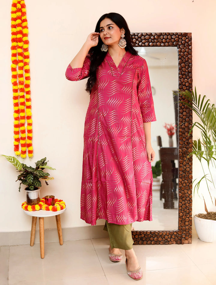 Pink Gold Foil Print Muslin Silk A-line Kurta Set | SHOBITAM