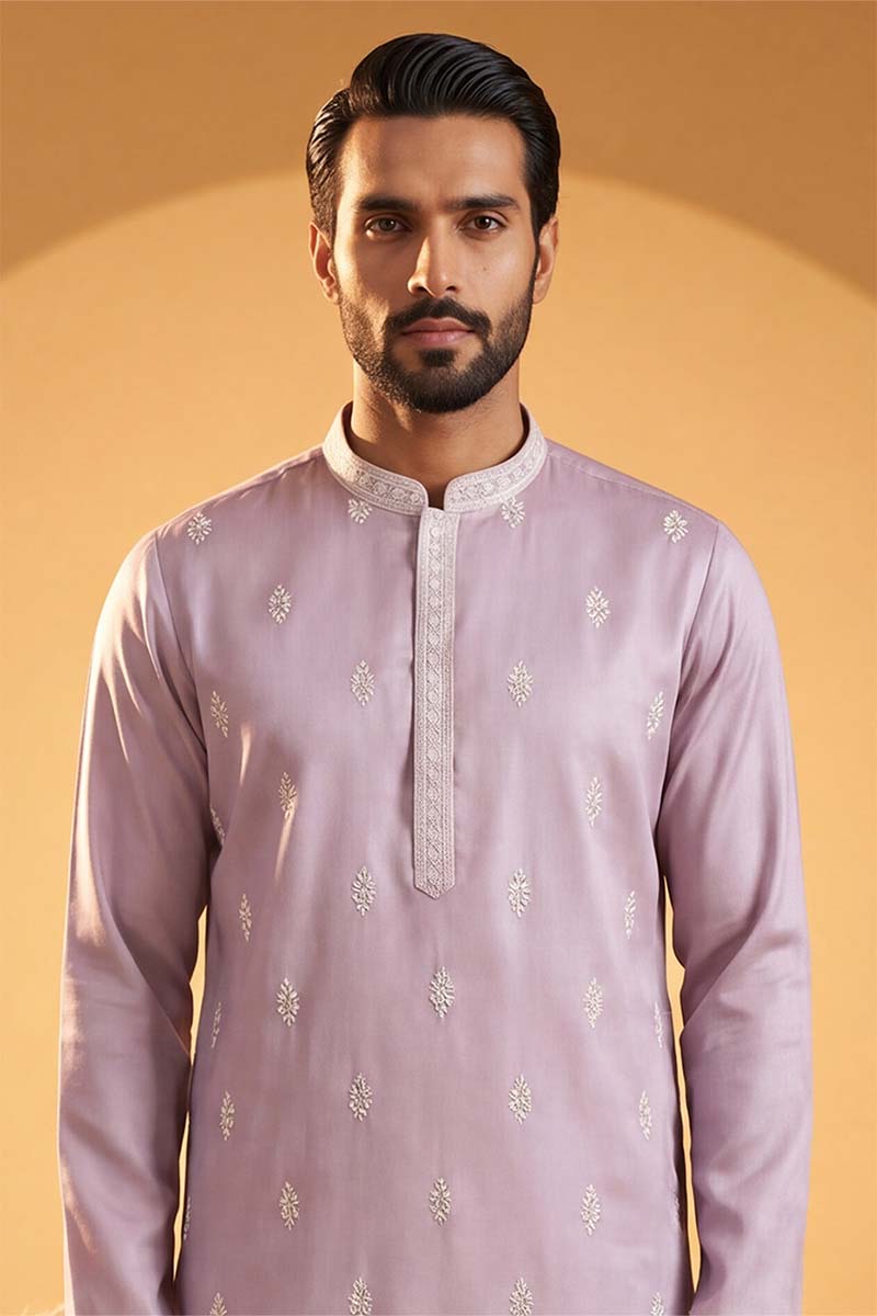 Mens Lavender Silk Blend Solid Embroidered Kurta With Trousers | SHOBITAM