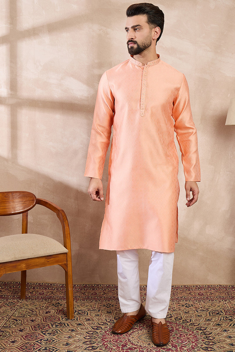 Peach Silk Blend Solid Embroidered Straight Kurta With Trouser | SHOBITAM