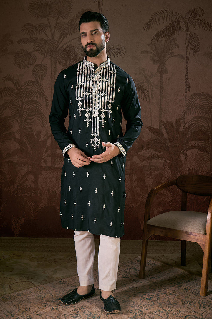Black Silk Blend Solid Embroidered Straight Kurta For Men | SHOBITAM