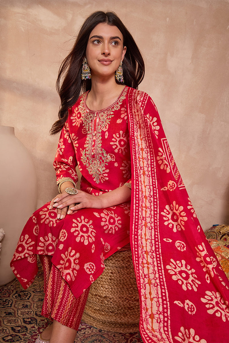 Pink Rayon Blend Floral Printed Straight Kurta Trouser With Dupatta | SHOBITAM