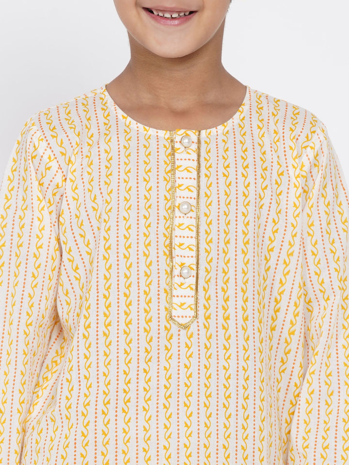 Boys Leaf Print Kurta with Pearl Buttons and Dhoti in Cream and yellow  | SHOBITAM