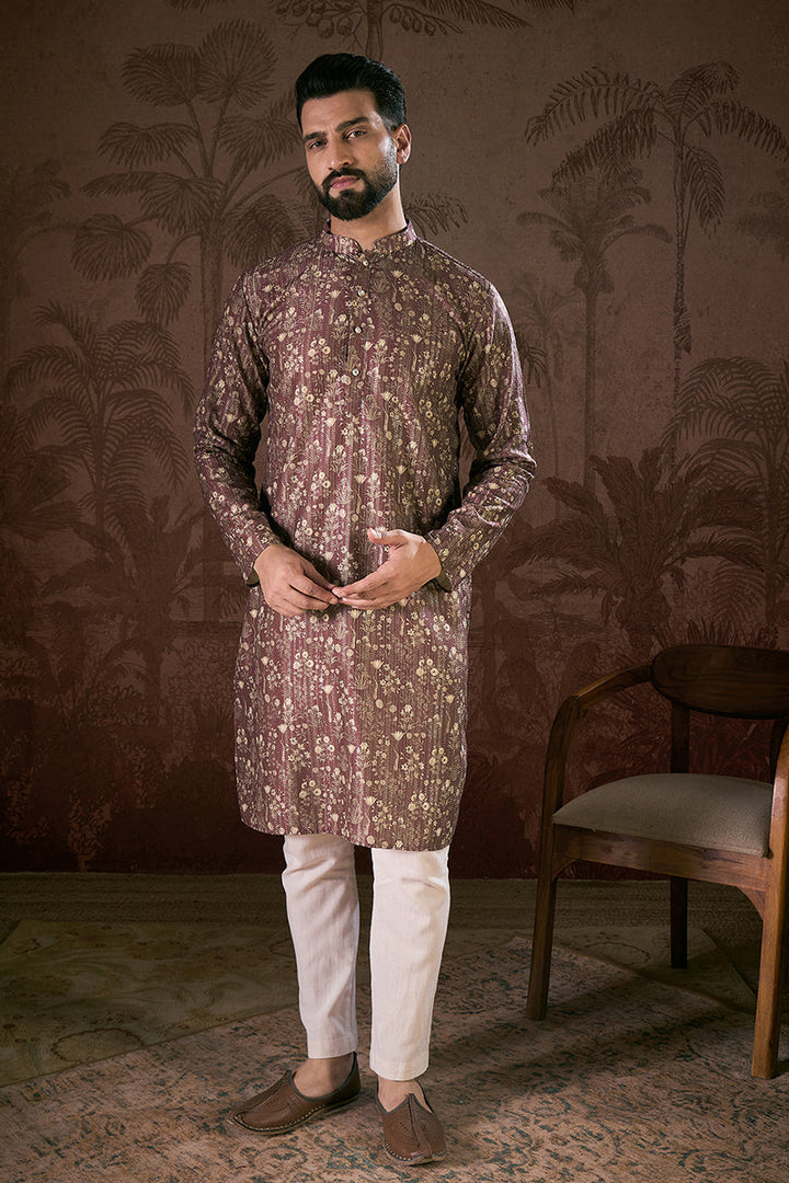 Mauve Silk Blend Floral Printed Straight Kurta With Trouser | SHOBITAM