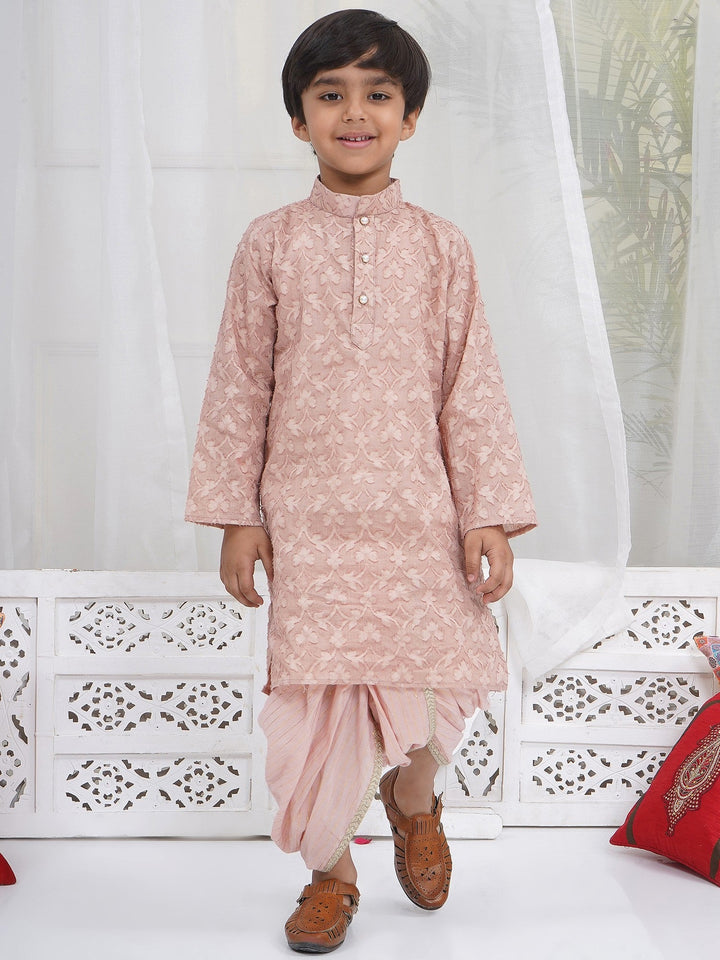 Boys Cotton Full Sleeves Self Weaving Kurta with Dhoti and Pearl Buttons - Mocha Brown | SHOBITAM