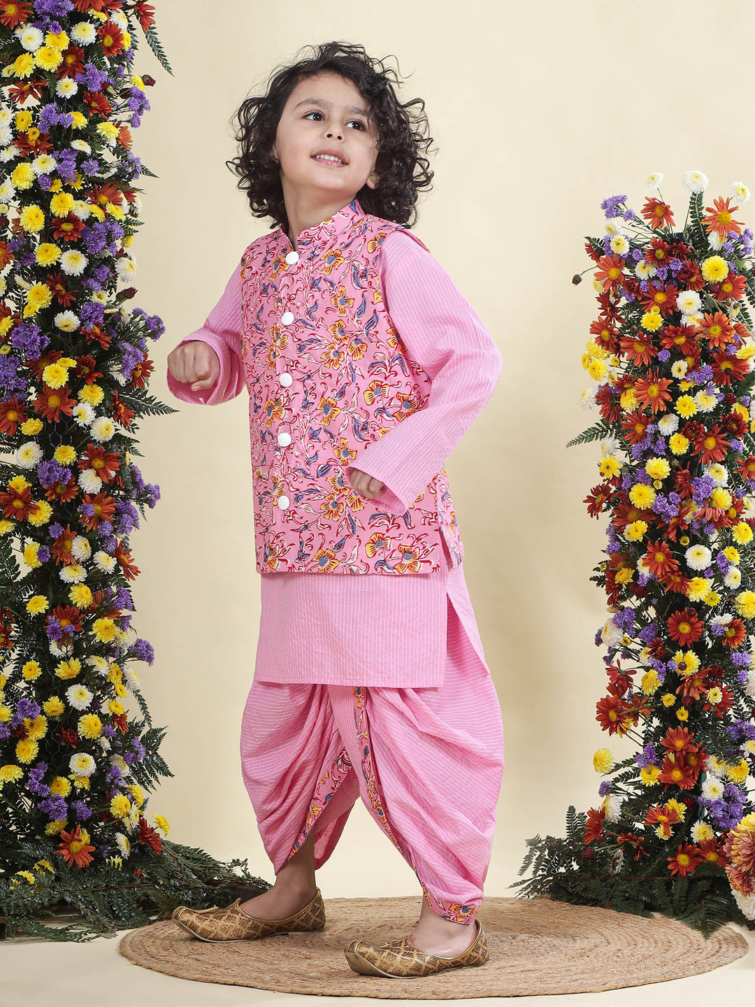 Pink Block Print Floral Nehru Jacket with Cotton Kurta Dhoti Set | SHOBITAM