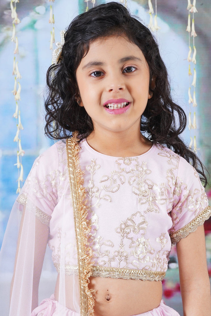 Girls Baby Pink Floral Irish Thread and Sequin work Lehenga with Blouse and Duppata with Matching Potli and Hand made tussel | SHOBITAM