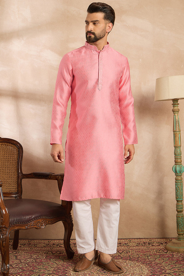 Pink Polyester Solid Embroidered Straight Kurta For Men | SHOBITAM
