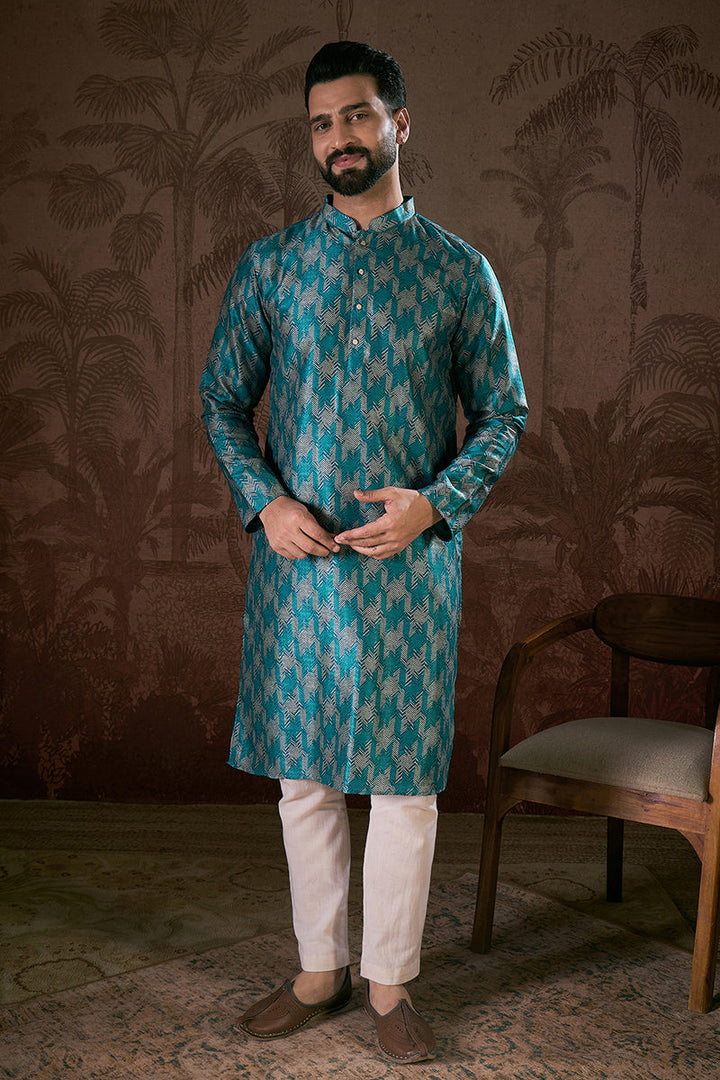 Turquoise Blue Silk Blend Chevron Printed Straight Kurta For Men | SHOBITAM