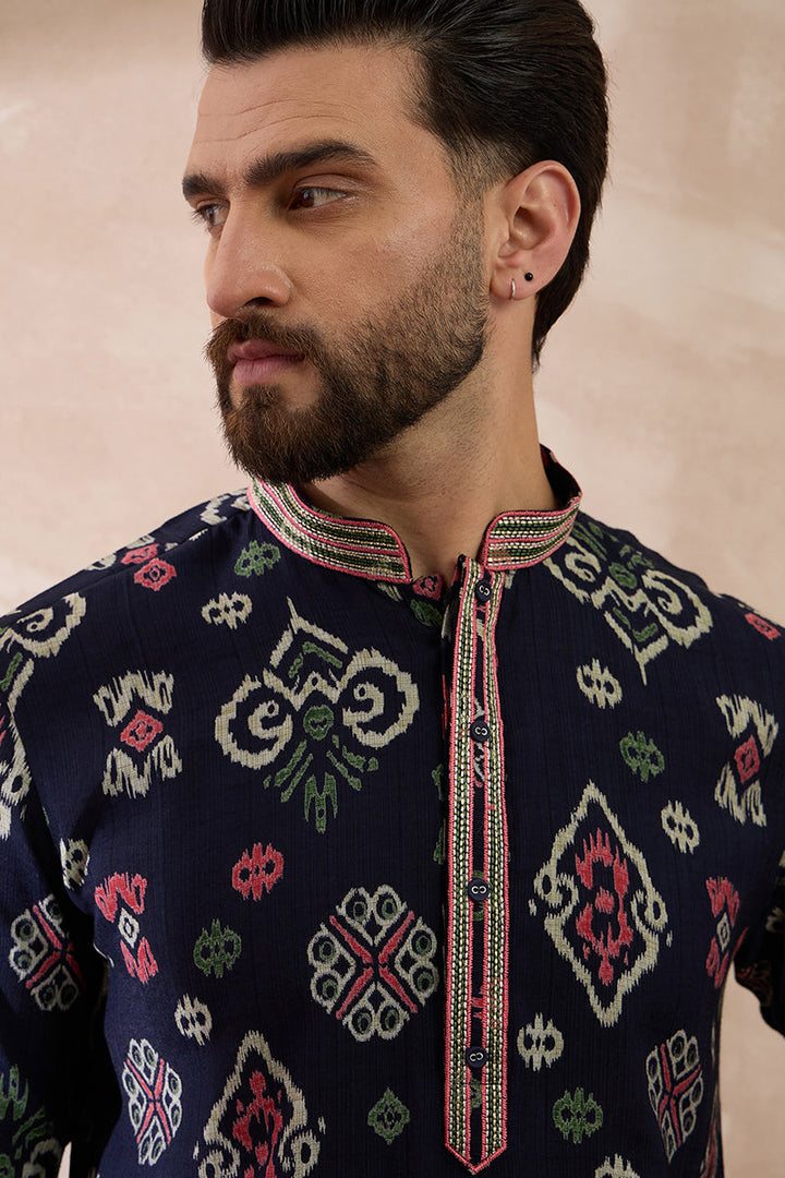 Blue Silk Blend Printed Mandarin Collar Straight Kurta With Trouser | SHOBITAM