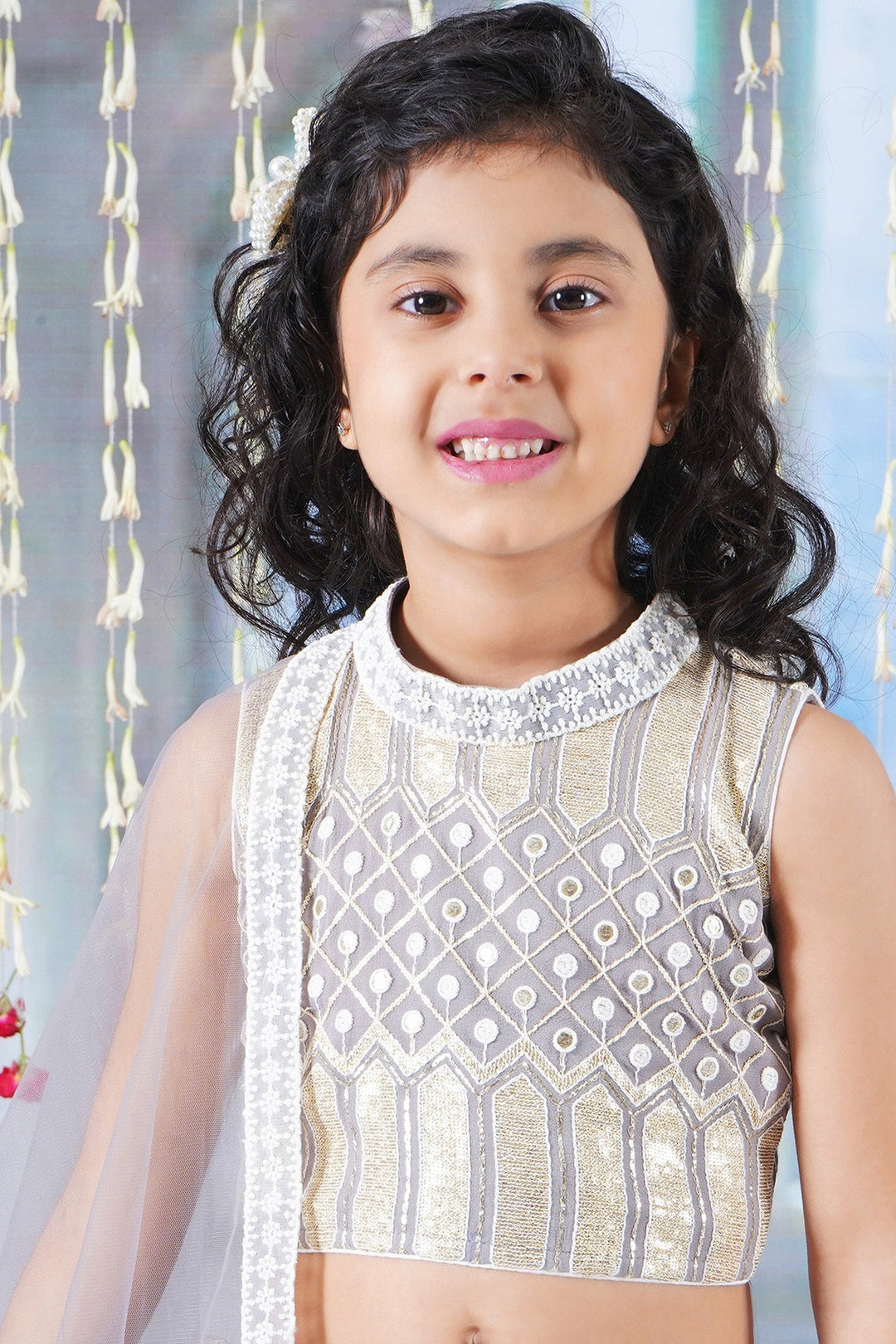 Girls Ivory and Golden Thread work Lehenga with Sequence work Blouse and Lacework Dupatta | SHOBITAM