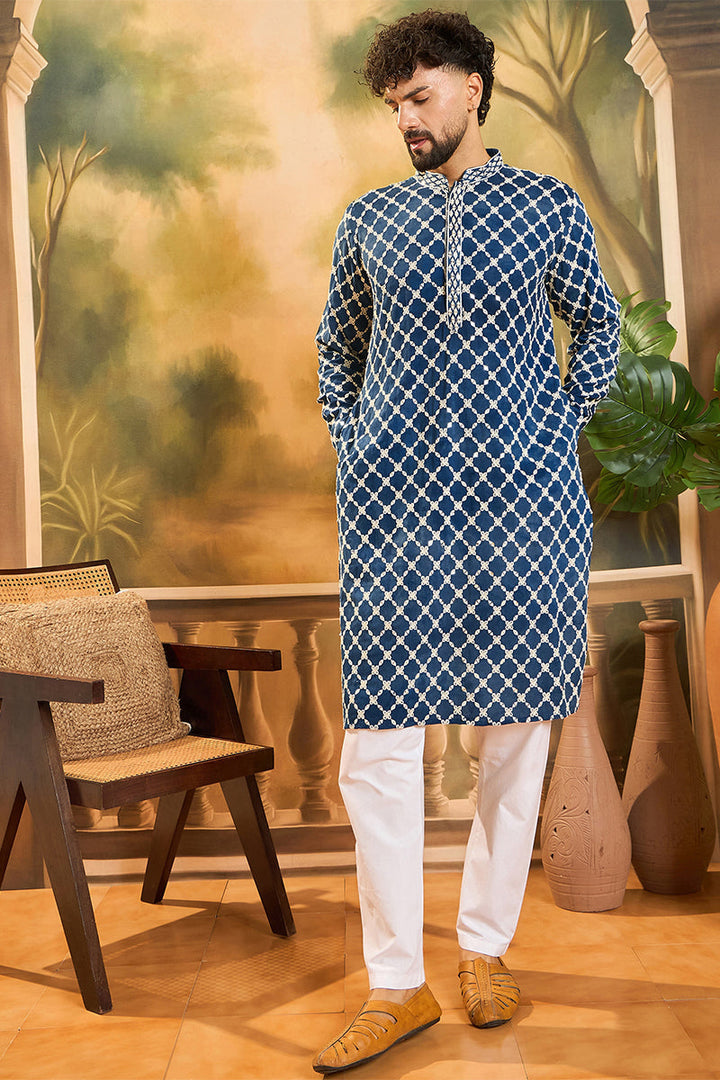 Blue Viscose Rayon Shibori Embroidered Straight Kurta With Pant Set | SHOBITAM