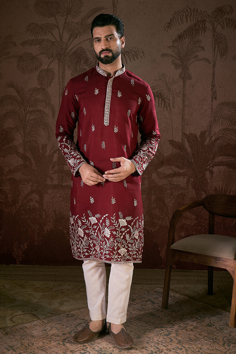 Maroon Silk Blend Solid Embroidered Straight Kurta With Trouser | SHOBITAM