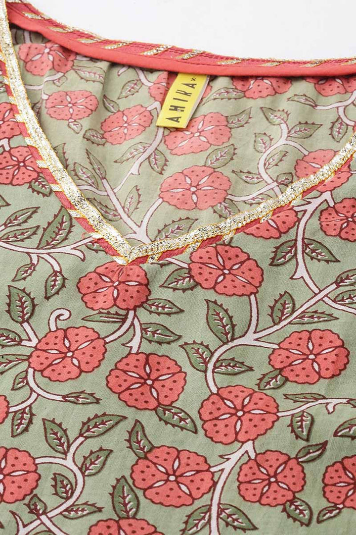 Green Cotton Flared Kurta | SHOBITAM