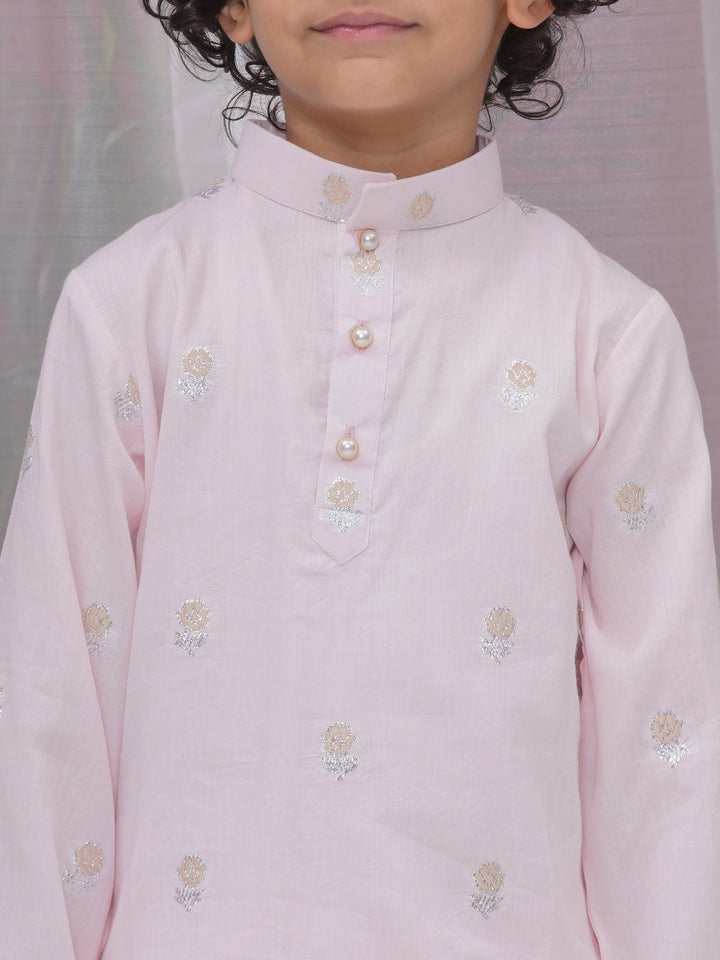 Boys Cotton Full Sleeves Kurta and Dhoti with Floral Zari Work - Pink | SHOBITAM