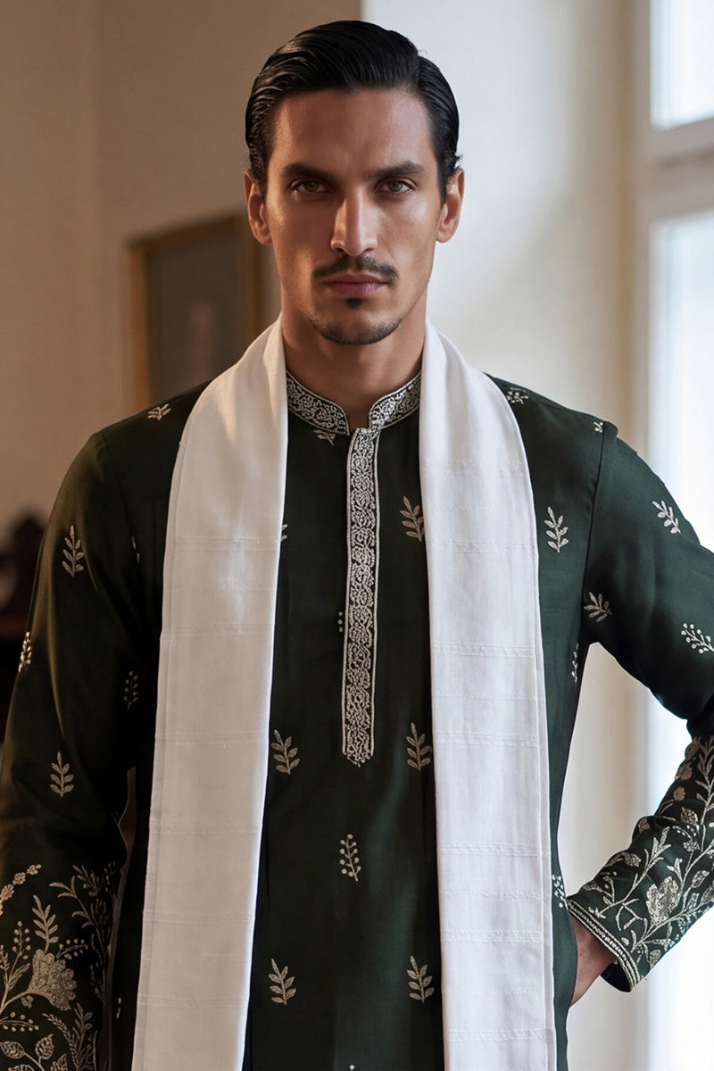 Men Olive Chanderi Silk Solid Embroidered Straight Kurta Trouser with Dupatta  | SHOBITAM
