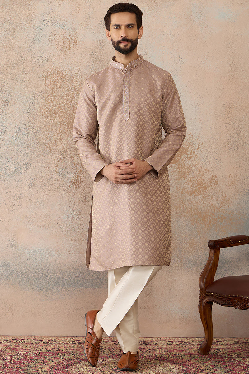 Mens Taupe Jacquard Ethnic Motifs Embroidered Kurta | SHOBITAM