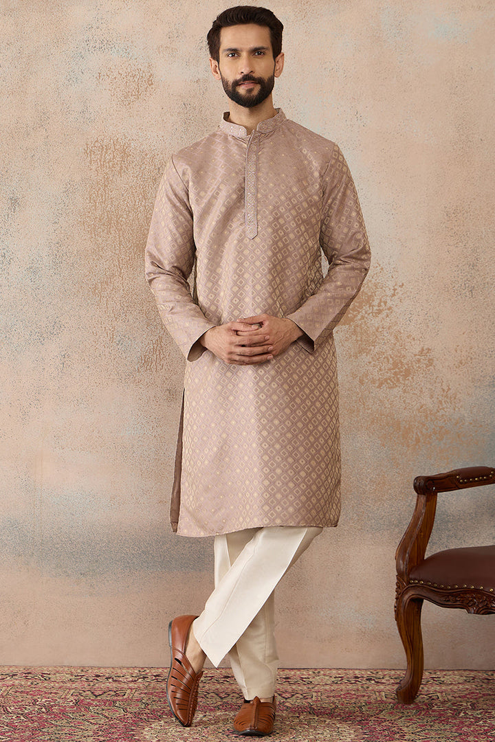 Mens Taupe Jacquard Ethnic Motifs Embroidered Kurta | SHOBITAM