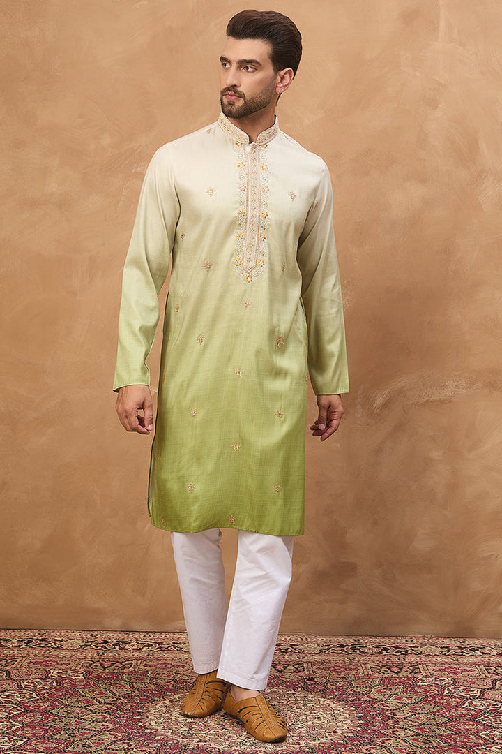 Green Silk Blend Solid Embroidered Straight Kurta | SHOBITAM