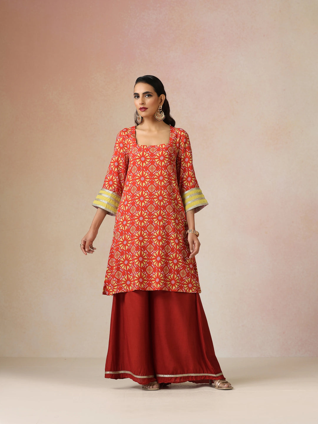 Red Light Green Print Viscose Kurta Sharara Set| SHOBITAM