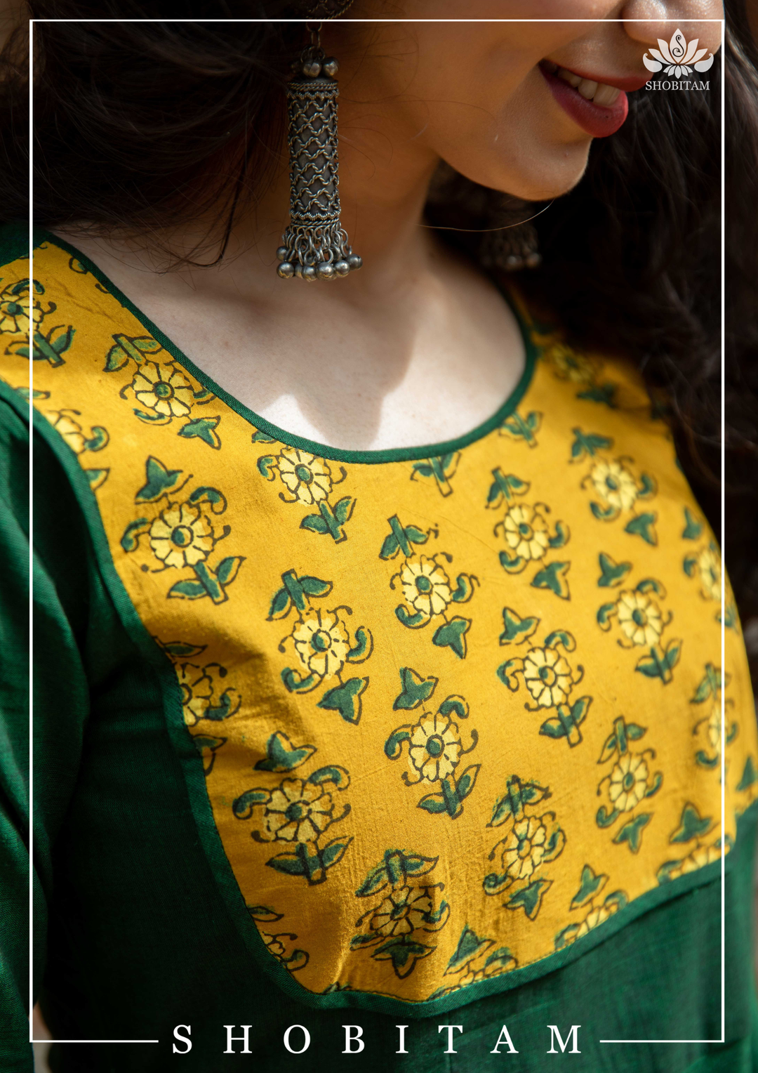 Saniya Emerald Green Kanchi Cotton Long Dress with Yellow Ajrakh Detailing | Shobitam Custom Gowns | Made To Order