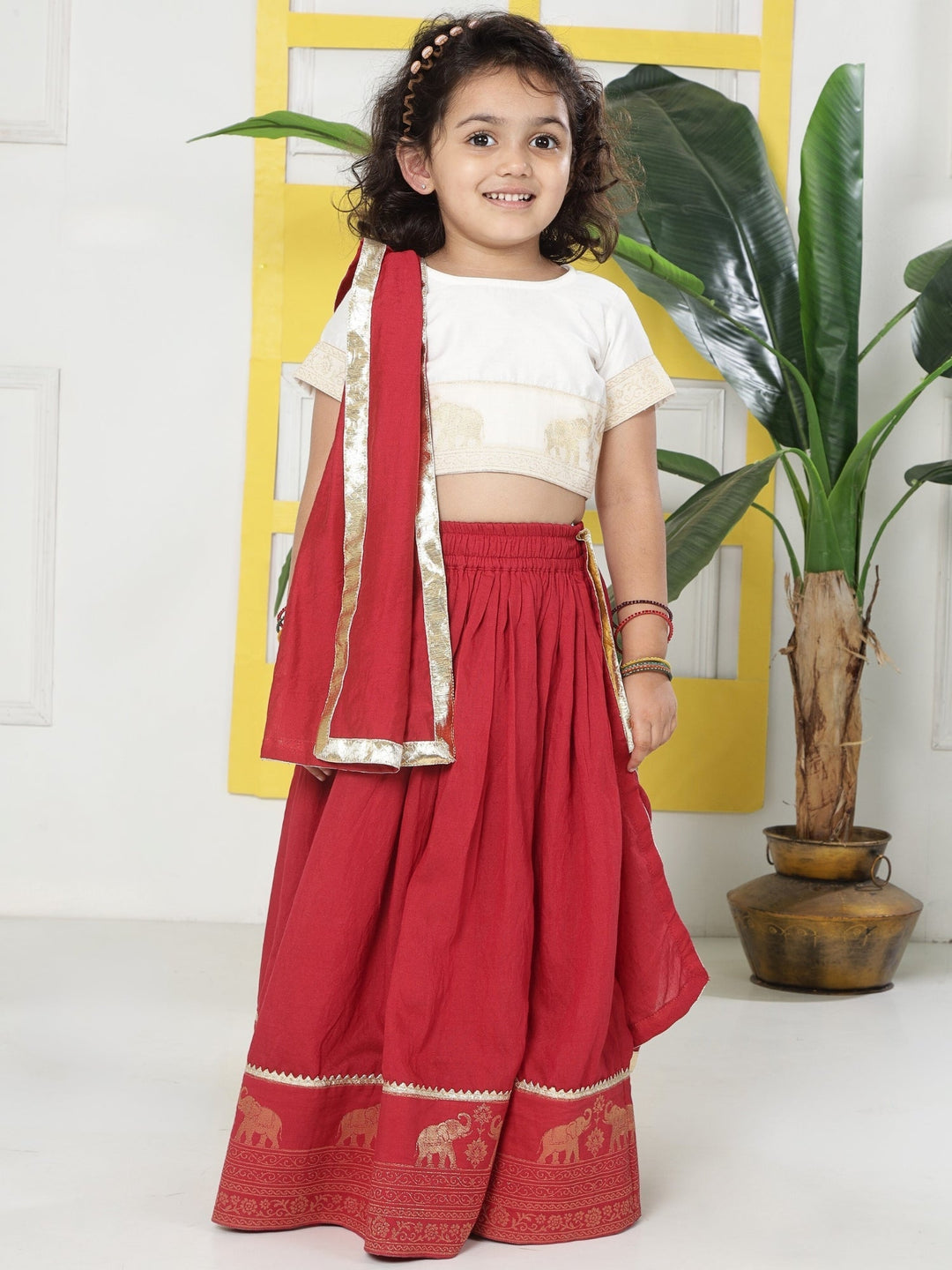 Red Elephant Zari Embroidery Chanderi Cotton Lehenga with Stitched Cream Blouse Set | SHOBITAM
