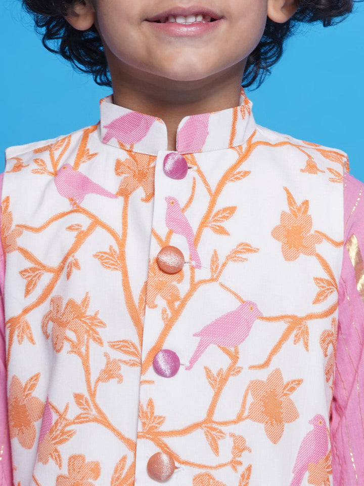 Cotton Sleevelees Floral Bird Thread Embrodiery Nehru Jacket with Striped Kurta and Dhoti - Pink and Cream | SHOBITAM