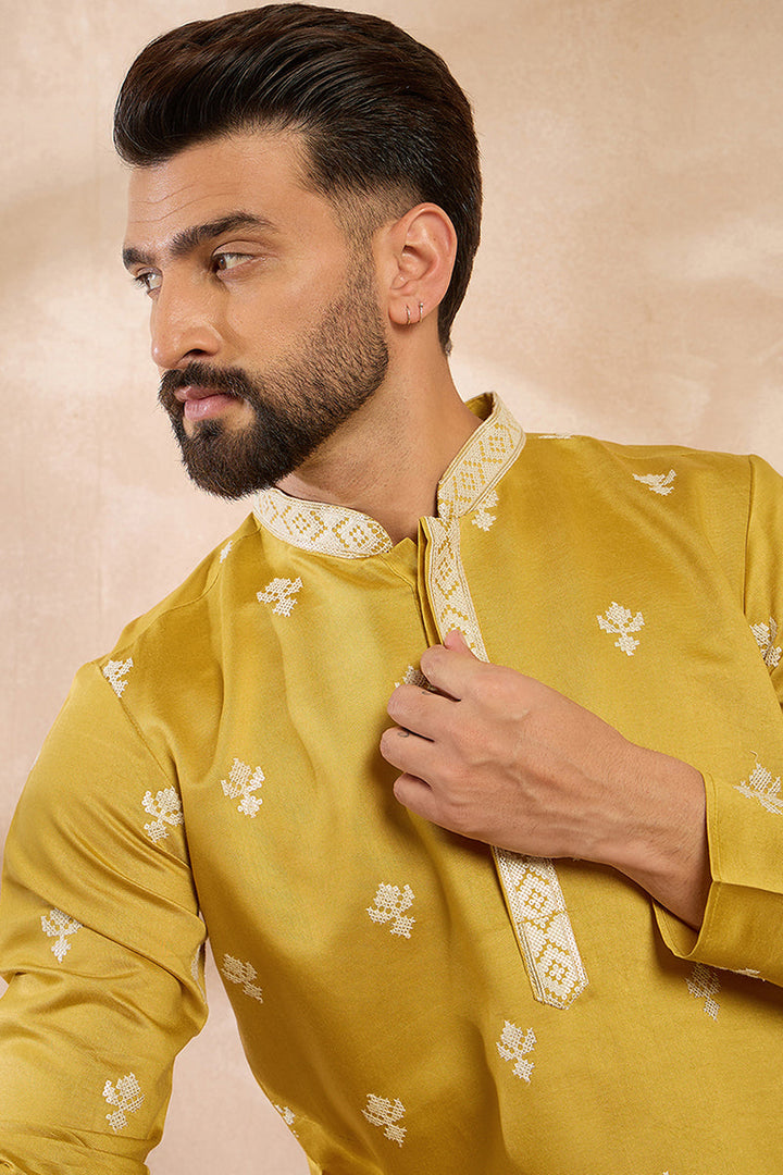 Yellow Polyester Solid Embroidered Straight Kurta With Trouser | SHOBITAM