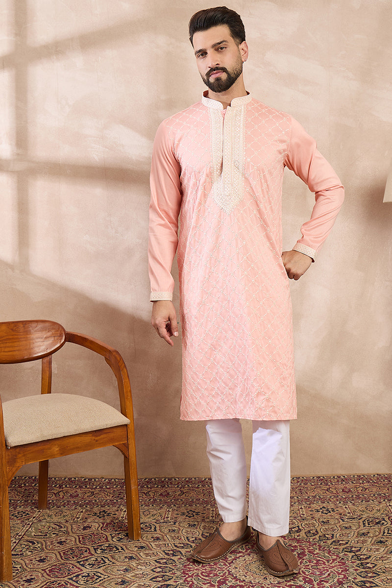 Pink Silk Blend Ethnic Motifs Embroidered Straight Kurta With Trouser | SHOBITAM