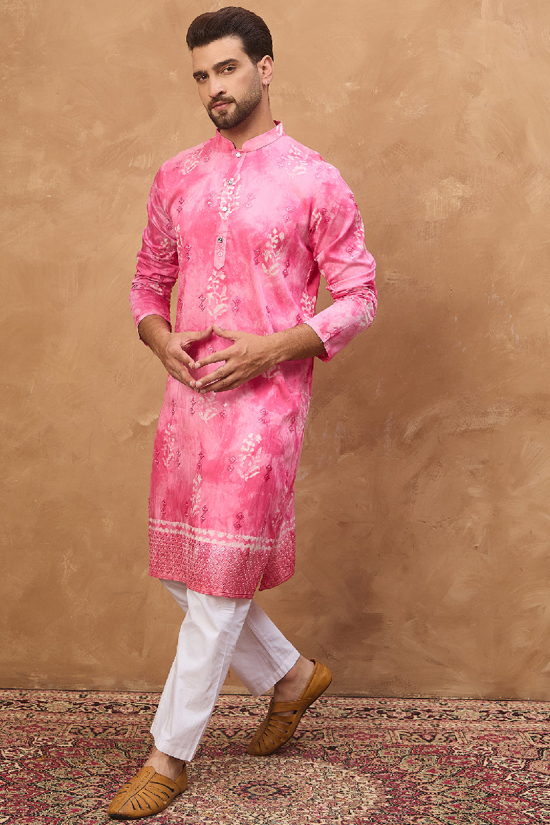 Pink Silk Blend Batik Embroidered Straight Kurta  | SHOBITAM