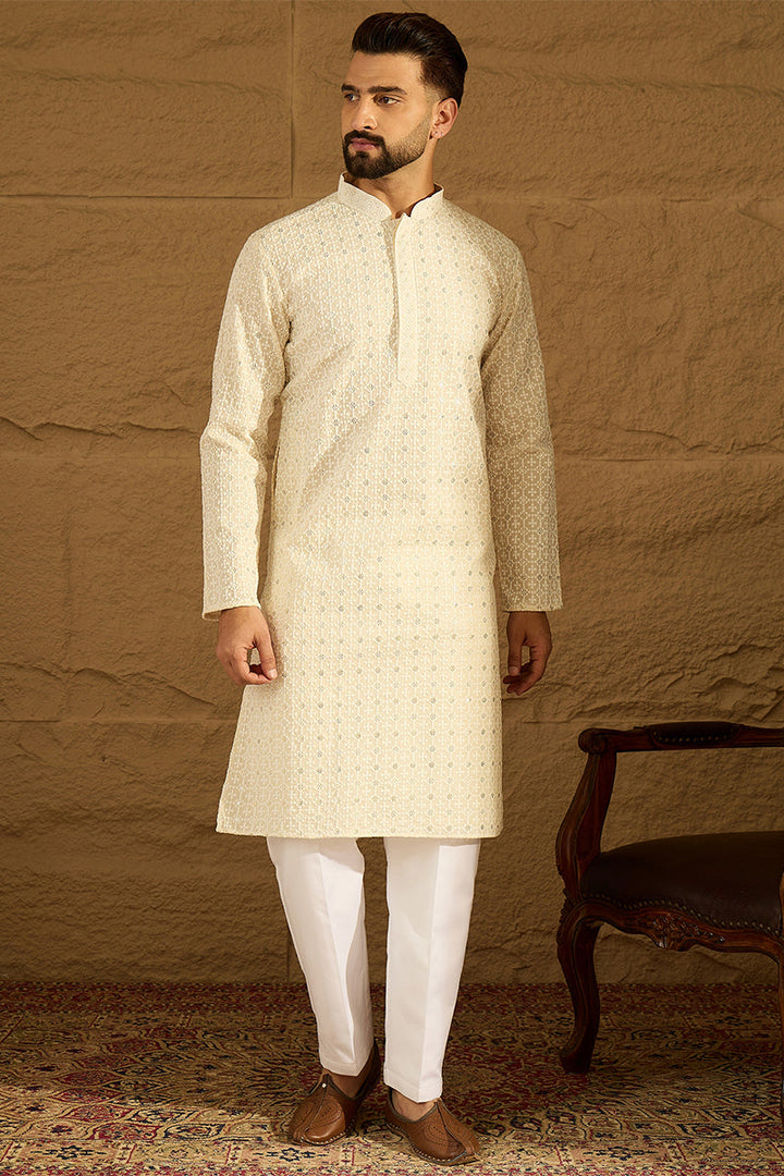 Off White Cotton Solid Printed Straight Kurta | SHOBITAM