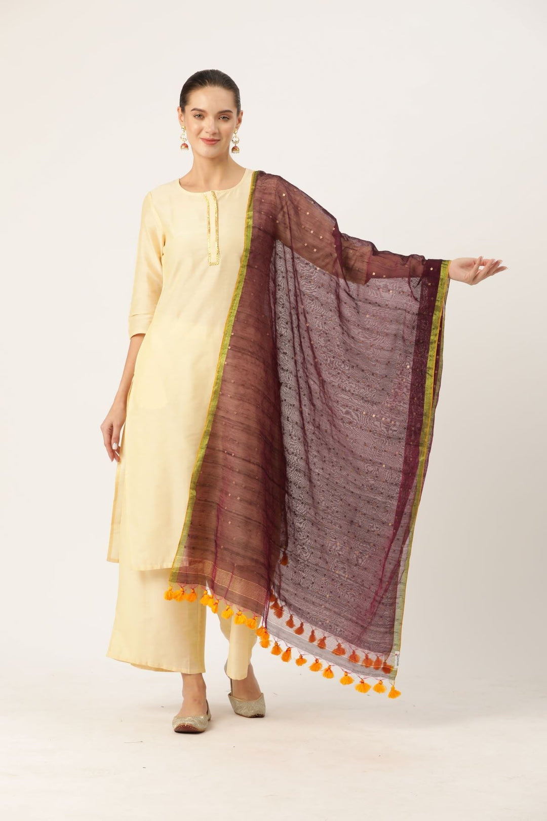 Purple & Gold Sequins Silk Cotton Dupatta | SHOBITAM