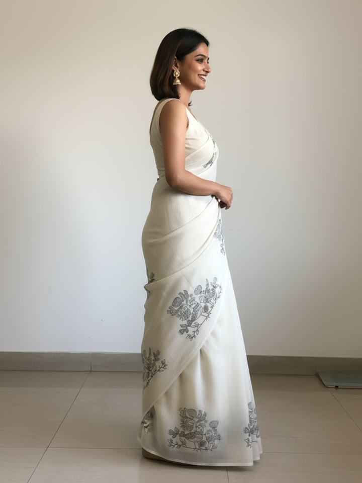 Handloom Cream Black Bird Print Saree | SHOBITAM