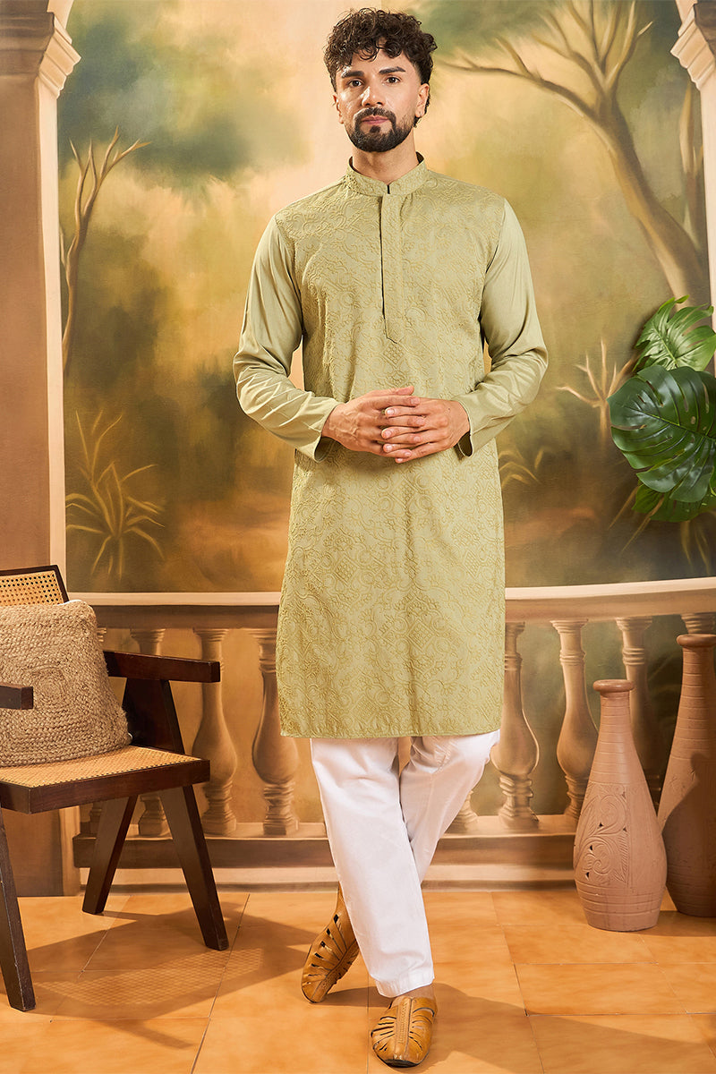 Green Silk Blend Solid Embroidered Straight Kurta | SHOBITAM