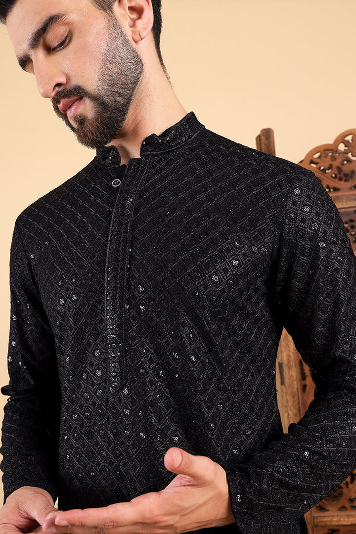 Black Viscose Rayon Solid Embroidered Straight Kurta For Men | SHOBITAM