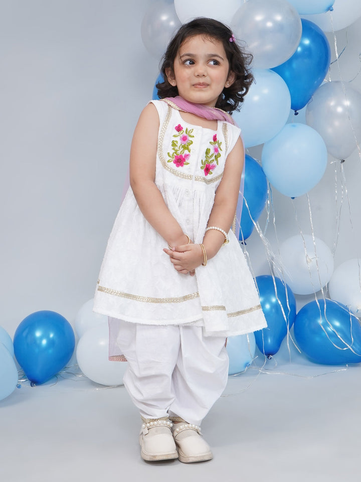 Girls Cotton Sleeveless Floral Self Weaving Kurta with Floral Applique work and Salwar with Dupatta - White
