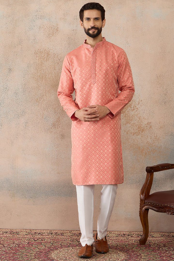 Mens Coral Jacquard Ethnic Motifs Embroidered Kurta | SHOBITAM