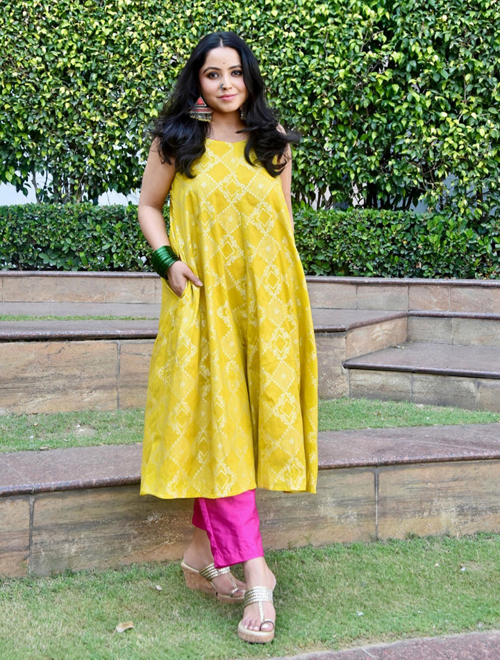Lime Brocade Flared Kurta Set |  SHOBITAM