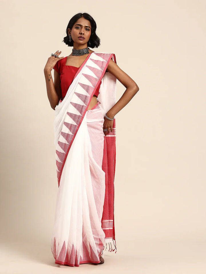 White-Red Silk Cotton Saree with Temple Border and Blouse piece
