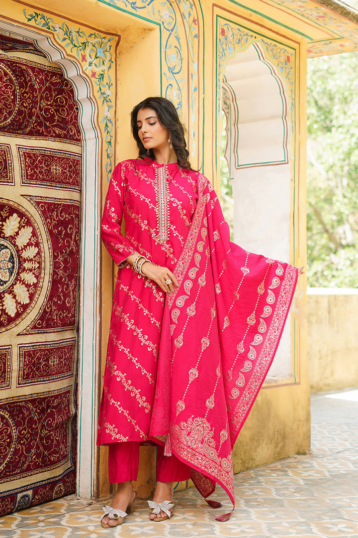 Pink Silk Blend Floral Printed Straight Kurta Trousers With Dupatta | SHOBITAM
