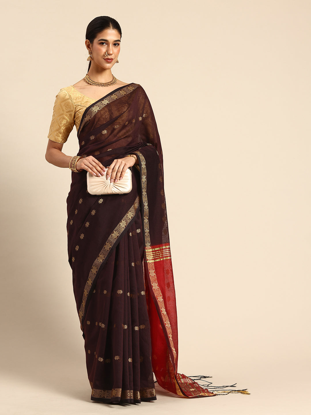 Chocolate Red Zari Buti Silk Cotton Saree with blouse piece | SHOBITAM