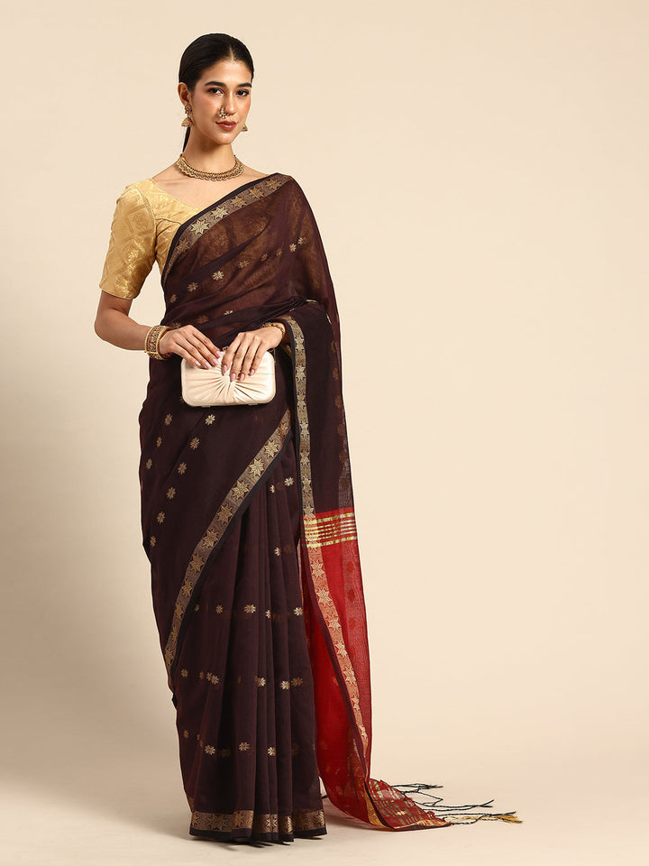 Chocolate Red Zari Buti Silk Cotton Saree with blouse piece | SHOBITAM