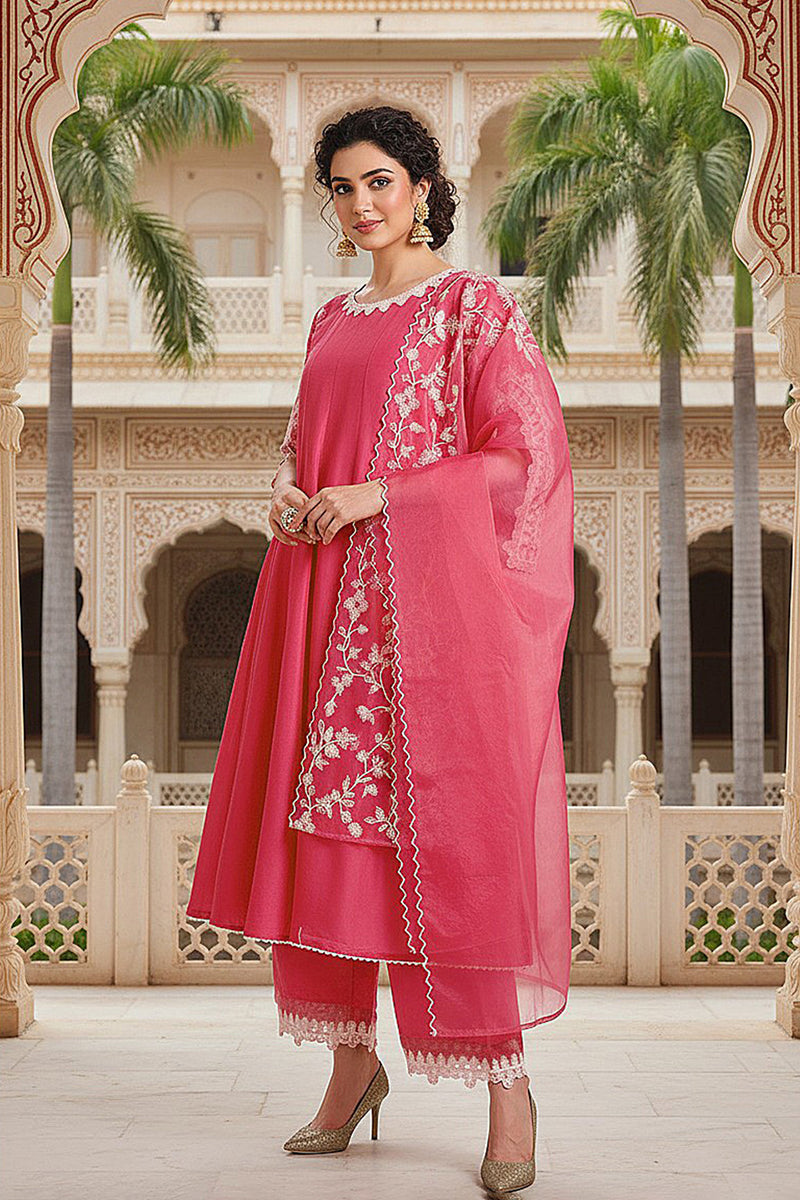 Pink Silk Blend Solid Embroidered Flared Suit Set | SHOBITAM