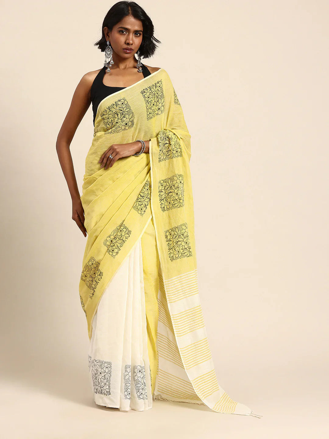 Cream-Yellow Handblock print Cotton saree No Blouse