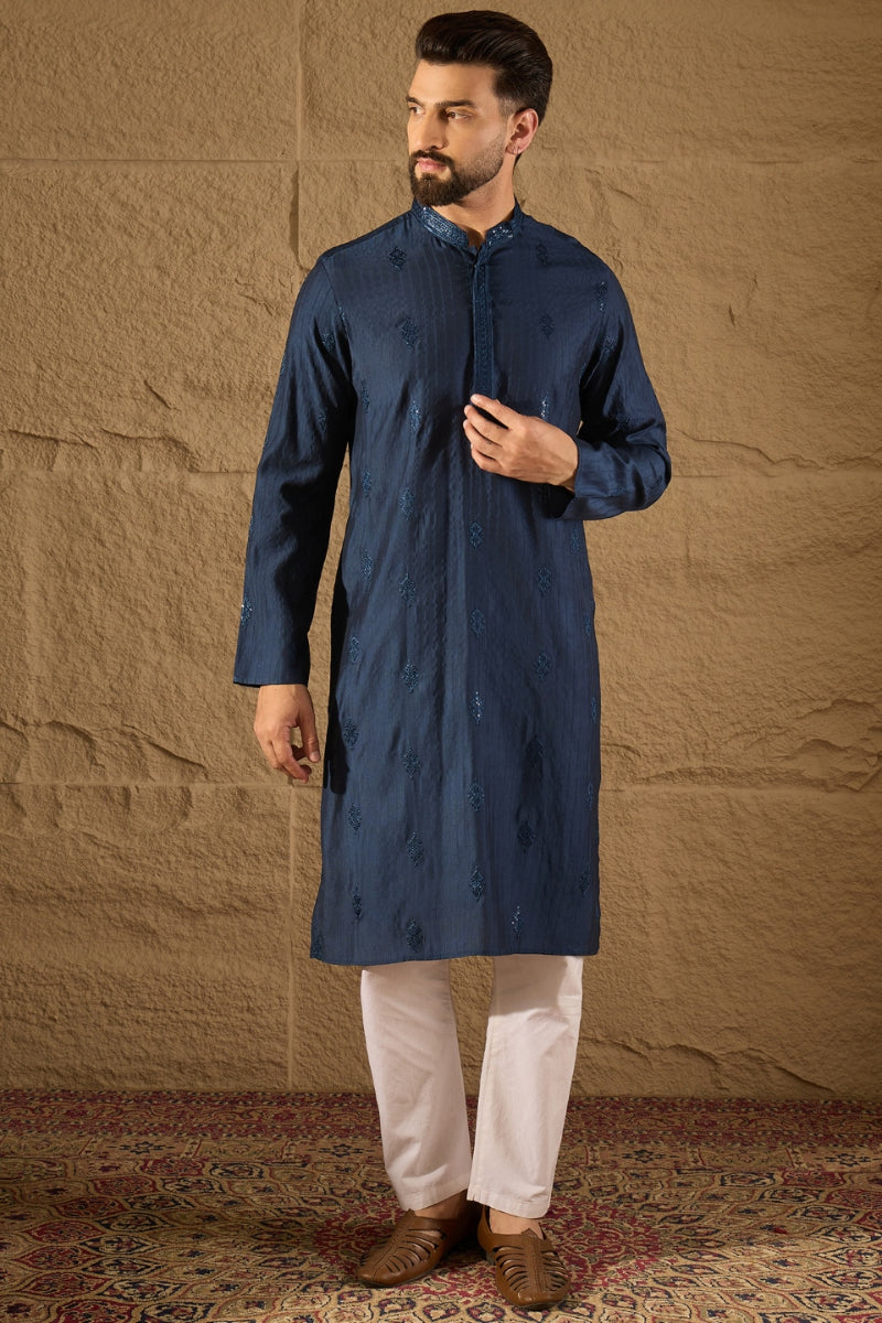 Blue Viscose Rayon Solid Embroidered Straight Kurta | SHOBITAM