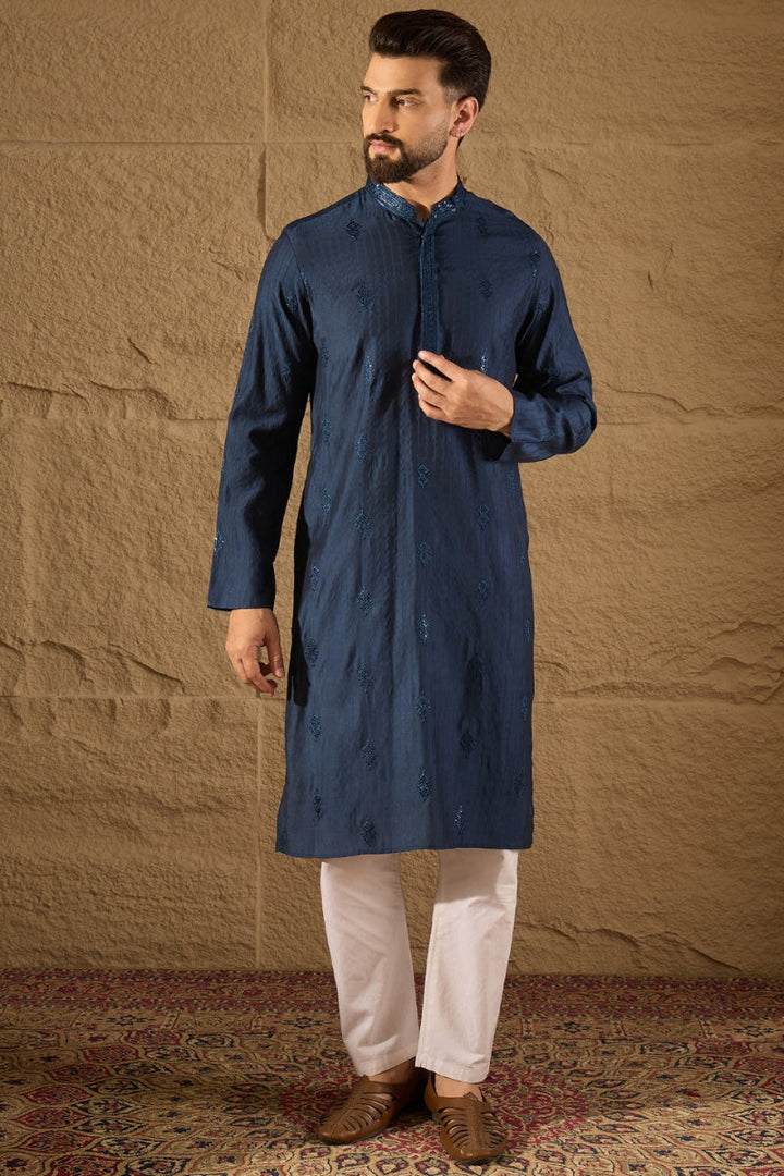 Blue Viscose Rayon Solid Embroidered Straight Kurta | SHOBITAM