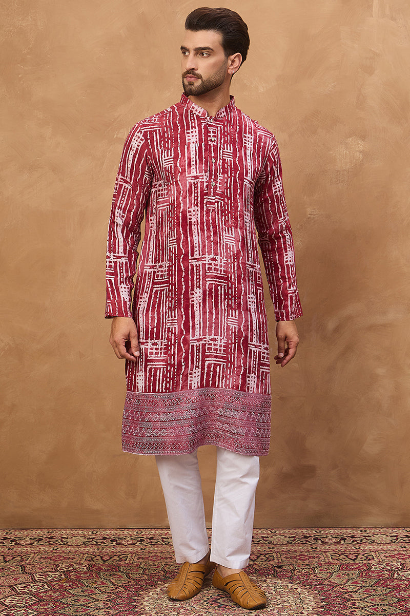 Red Viscose Rayon Batik Embroidered Straight Kurta | SHOBITAM