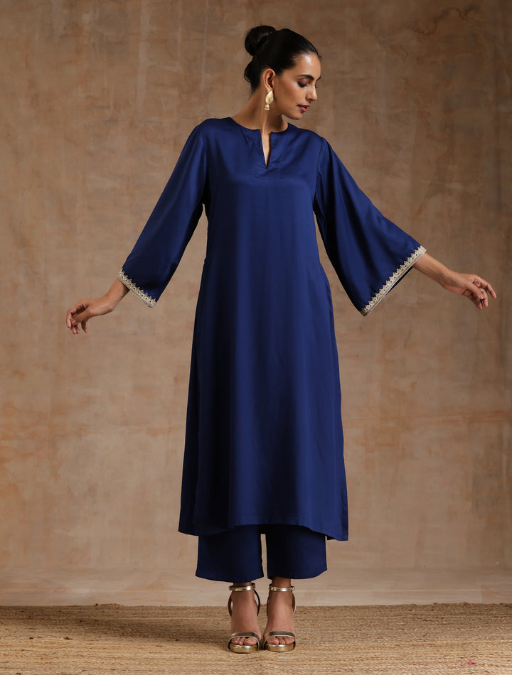 Midnight Blue Modal Satin Relax Kurta Set  | SHOBITAM