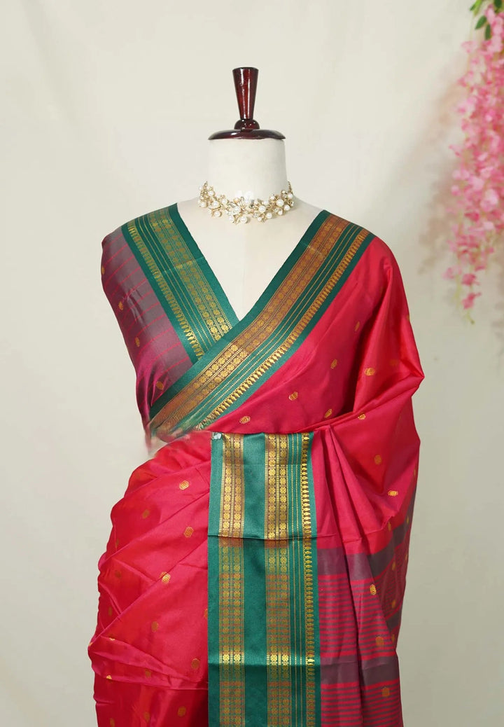 Reddish Pink Gadwal semi silk Saree with Rettaipet Rudraksham Border  | SHOBITAM