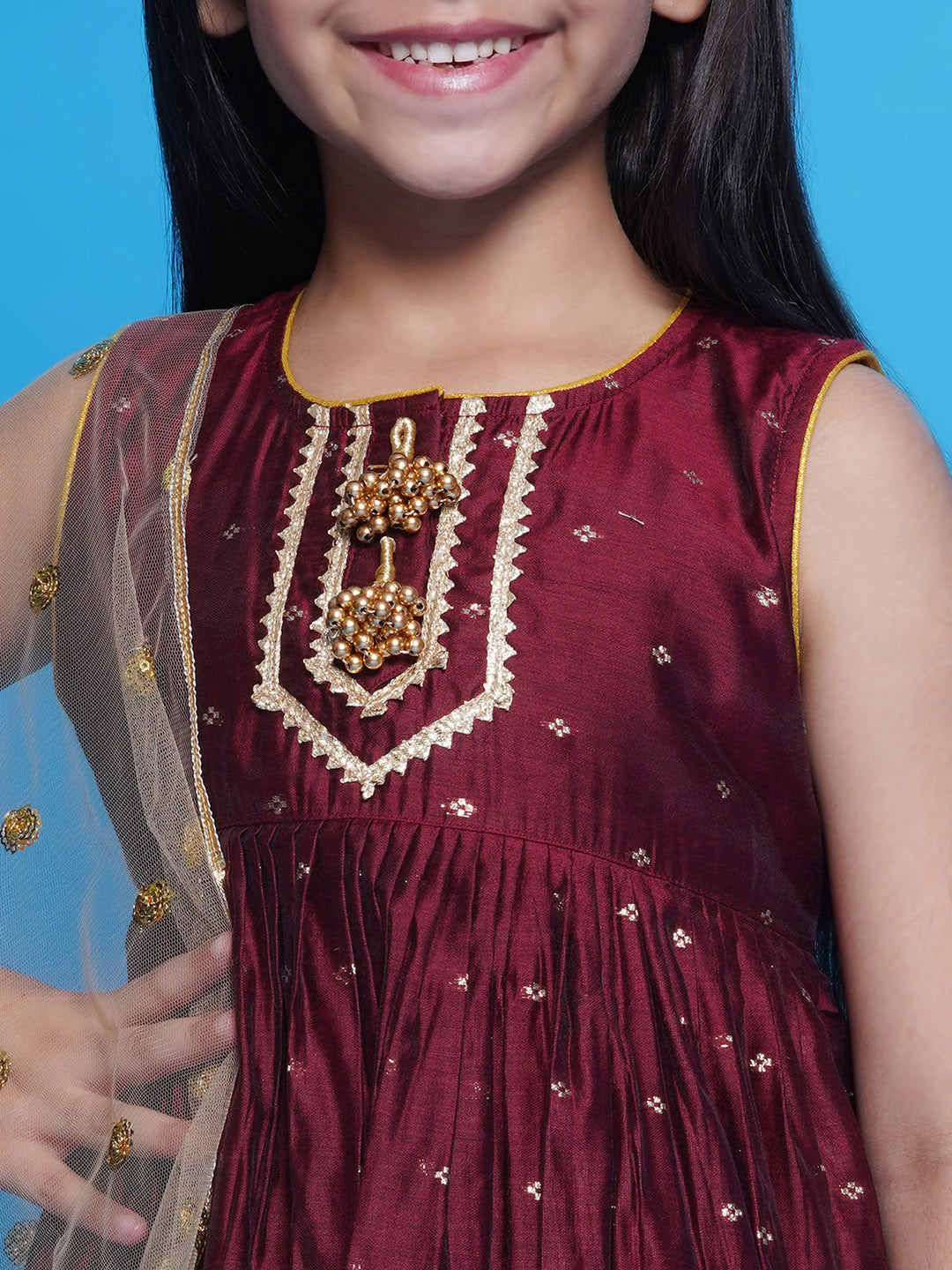 Girls Chanderi Cotton Sleeveless Kurta Frock with Plazzo and Dupatta with Boota, Lace & Tussel work - Pink | SHOBITAM
