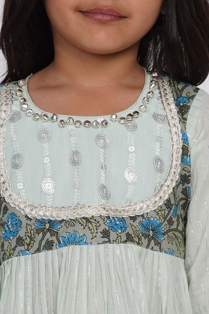 Girls Zardosi Work Kurta Frock with Plazzo and Striped Dupatta  | SHOBITAM